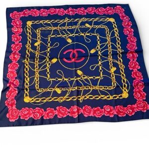 CHANEL Vintage  Navy Silk Scarf with Pink Rose Border and Gold Chain Motif